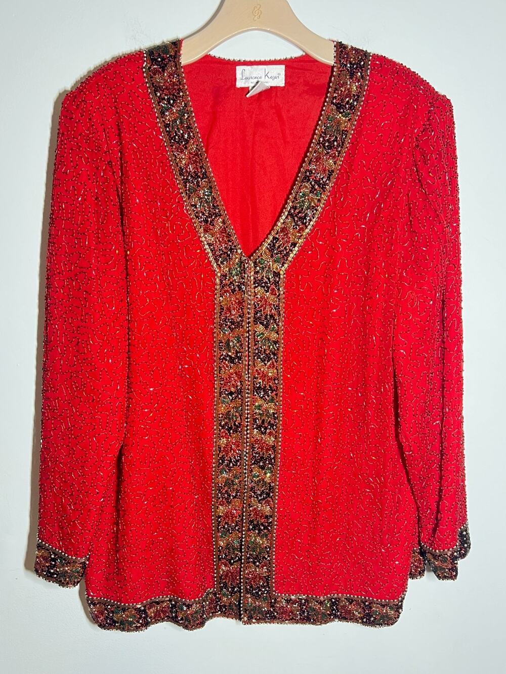 VTG Laurence Kazar EUC Red Multi Silk Beaded Sequin Evening Jacket Blazer 2X